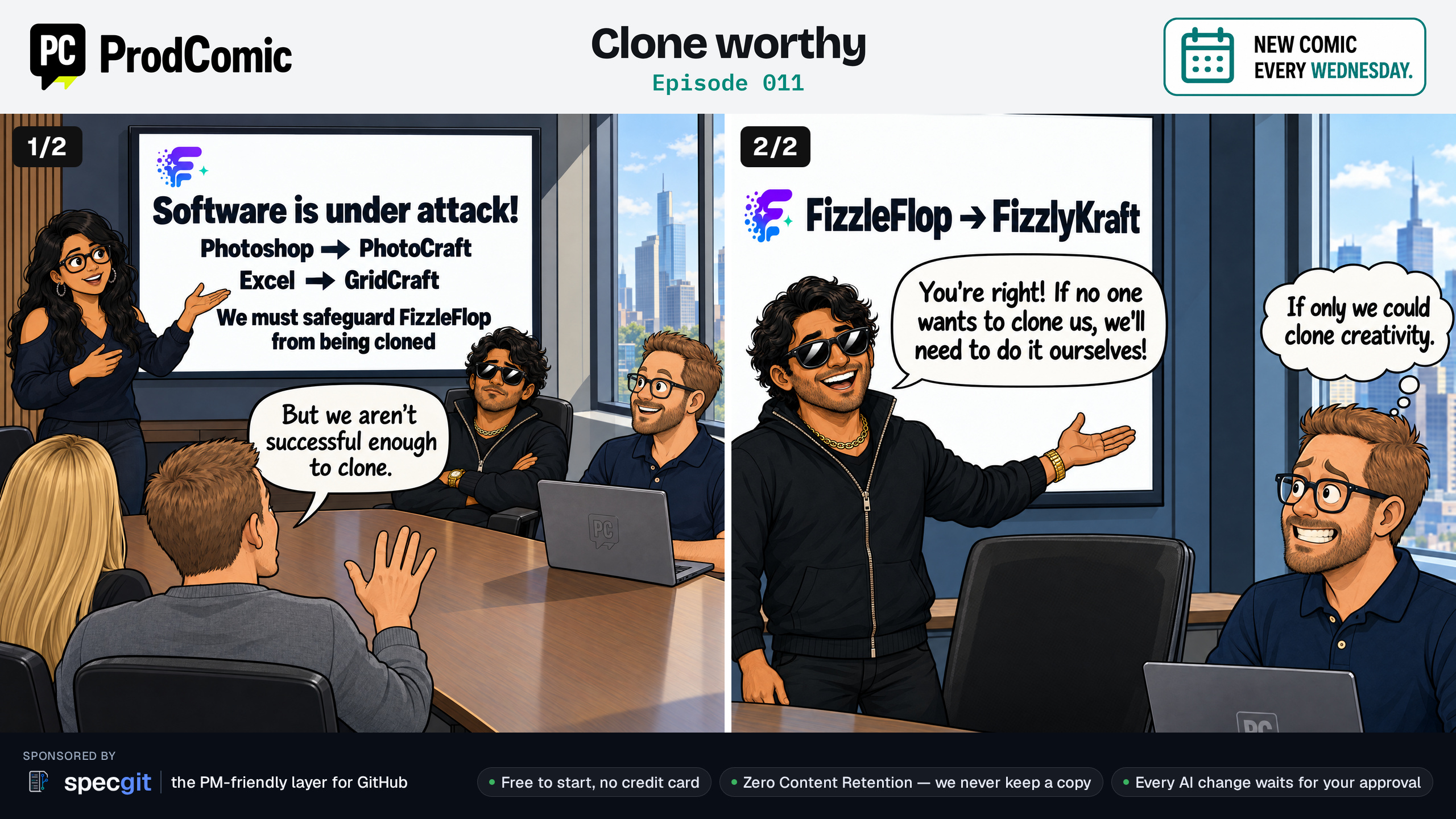 Panel 1/2 — Slide: "Software is under attack!" / "Photoshop → PhotoCraft" / "Excel → GridCraft" / "We must safeguard FizzleFlop from being cloned"