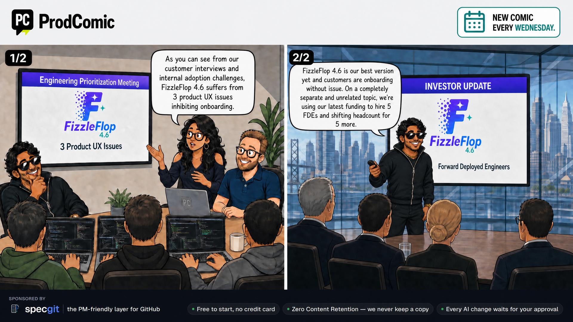 Panel 1/2 — Jordan: “As you can see from our customer interviews and internal adoption challenges, FizzleFlop 4.6 suffers from 3 product UX issues inhibiting onboarding.”