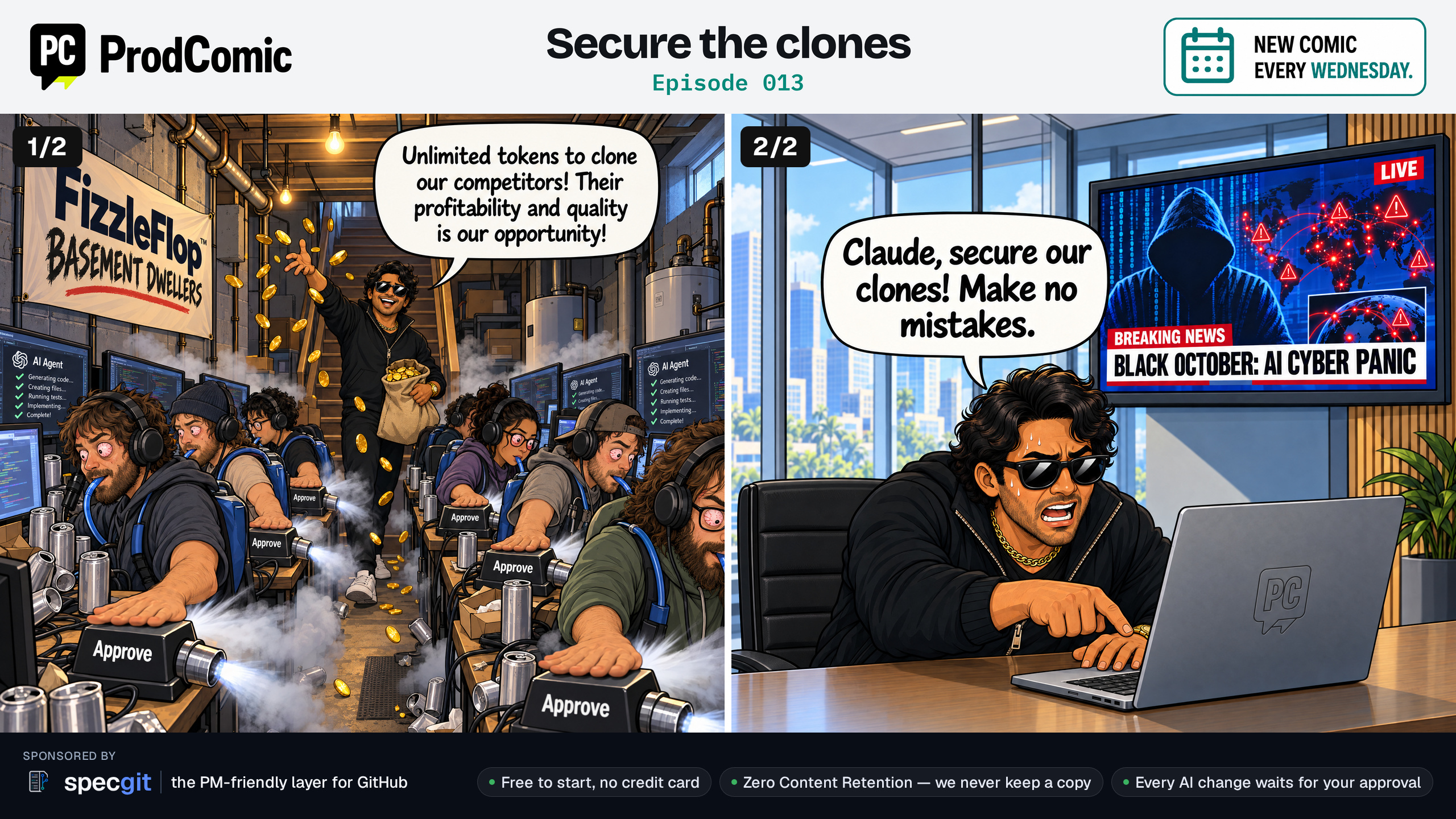 Panel 1/2 — Banner: "FizzleFlop Basement Dwellers"