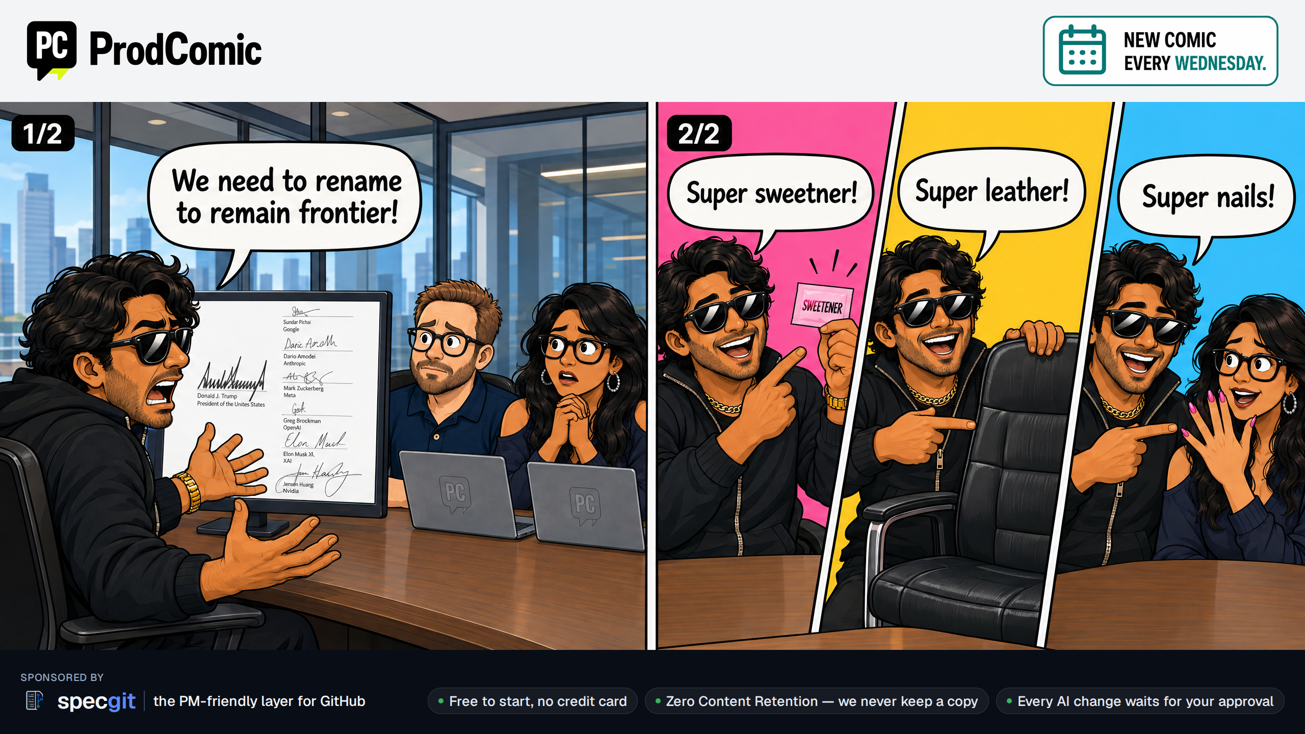 Panel 1/2 — Boss: "We need to rename to remain frontier!"